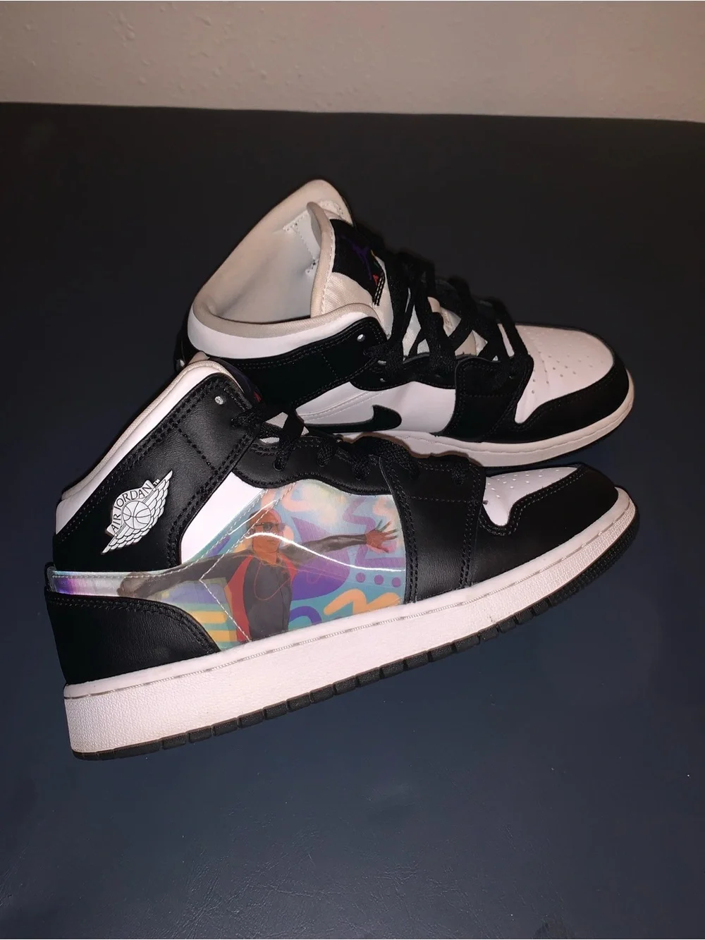 Jordan Kids Black and White Sneakers with Multicolor Holographic Panel